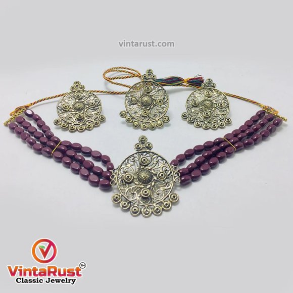 Beaded Jewelry Set With Metal Motif, Choker With Earrings and Rings, - Picture 1 of 5